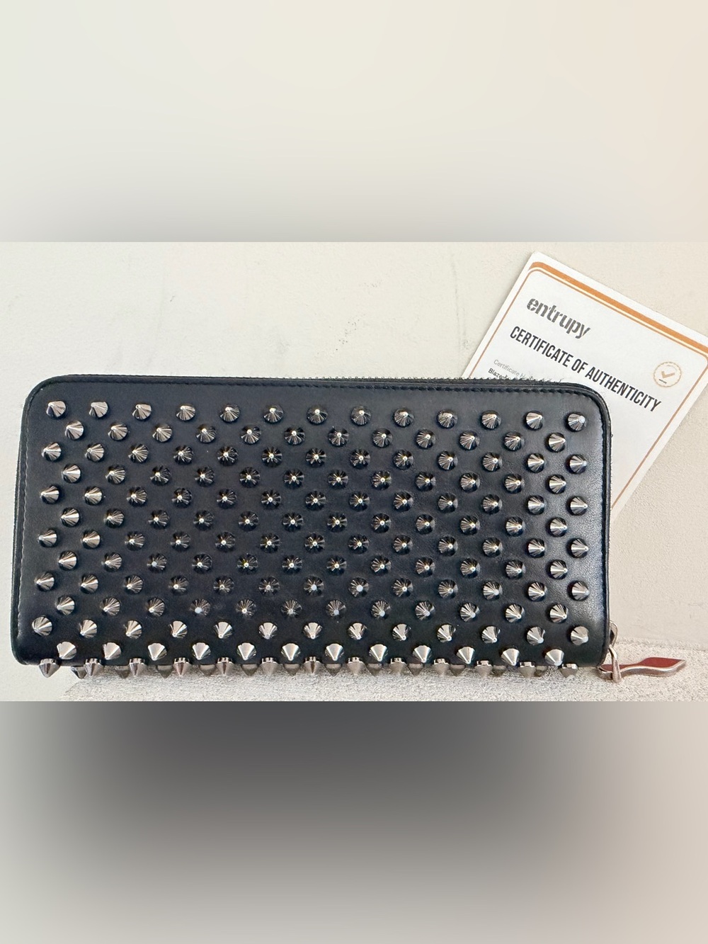 CHRISTIAN LOUBOUTIN Panettone Spiked Black Leather Zip Wallet